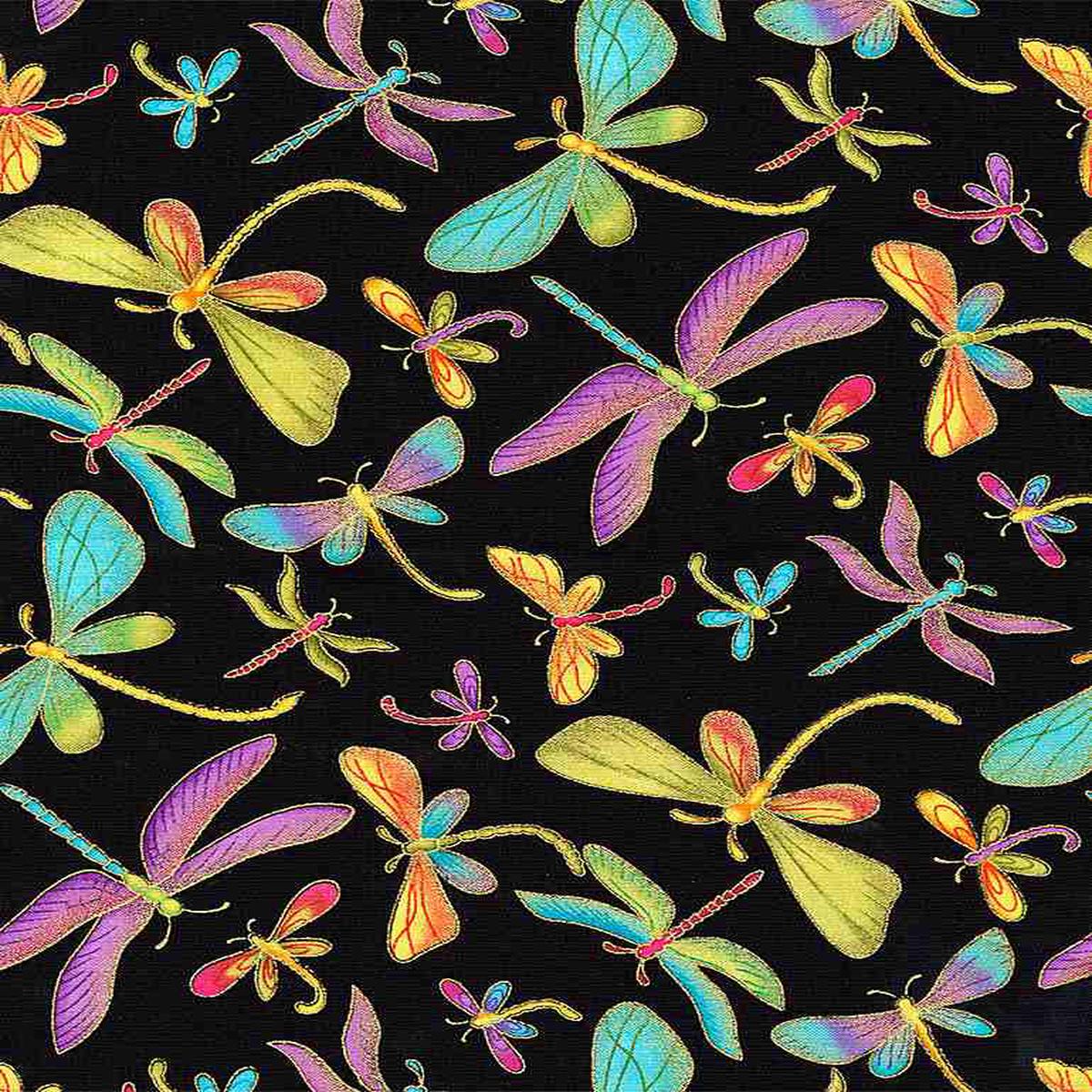 Dragonfly Shine Metallic Dragonfly Black Timeless Treasures Cotton Fabric 1/2
