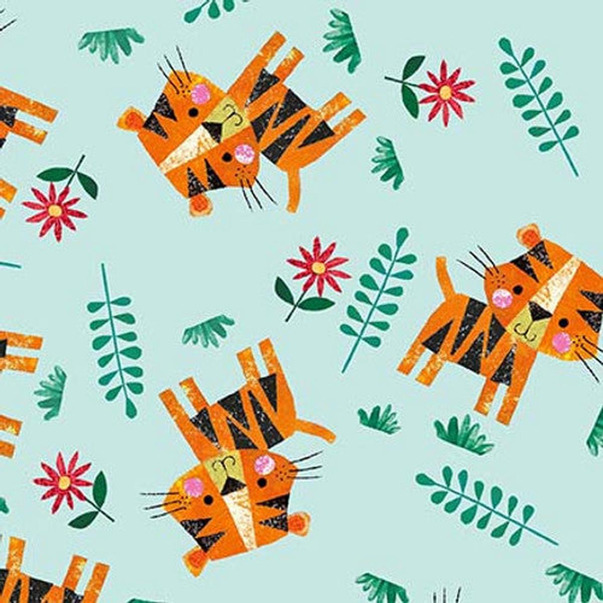 Zoo Crew Tossed Tigers Soft Blue Lindsey Sagar Blank Quilting Cotton Fabric