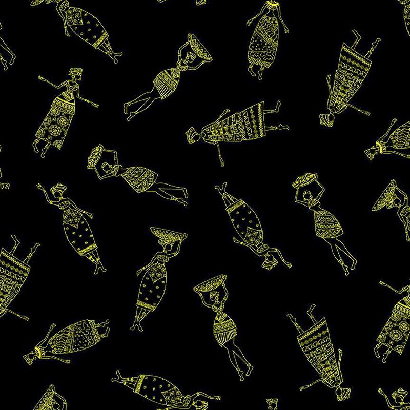 African Sunset African Women Black Metallic Chong-A-Hwang Timeless Treasures Cotton Fabric TT-KENTA-CM2042-BLACK 1
