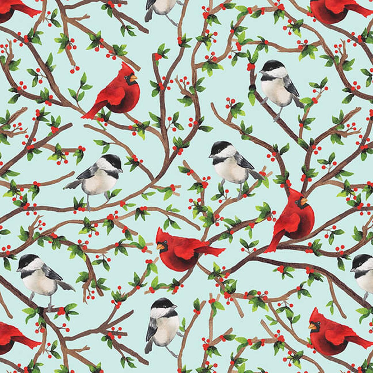 Wintry Mix Cardinals & Chickadees Tree on Mint Green Elizabeth Medley Blank Quilting Cotton Fabric 1