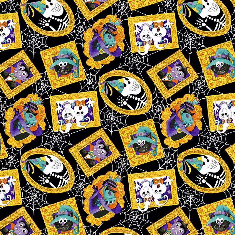 Witch Night Out Tossed Picture Frames Black Multi Glow in the Dark Delphine Cubitt Henry Glass Cotton Fabric 1/2