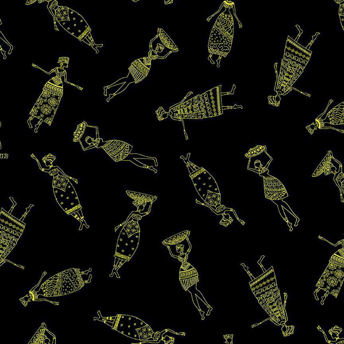 African Sunset African Women Black Metallic Chong-A-Hwang Timeless Treasures Cotton Fabric TT-KENTA-CM2042-BLACK