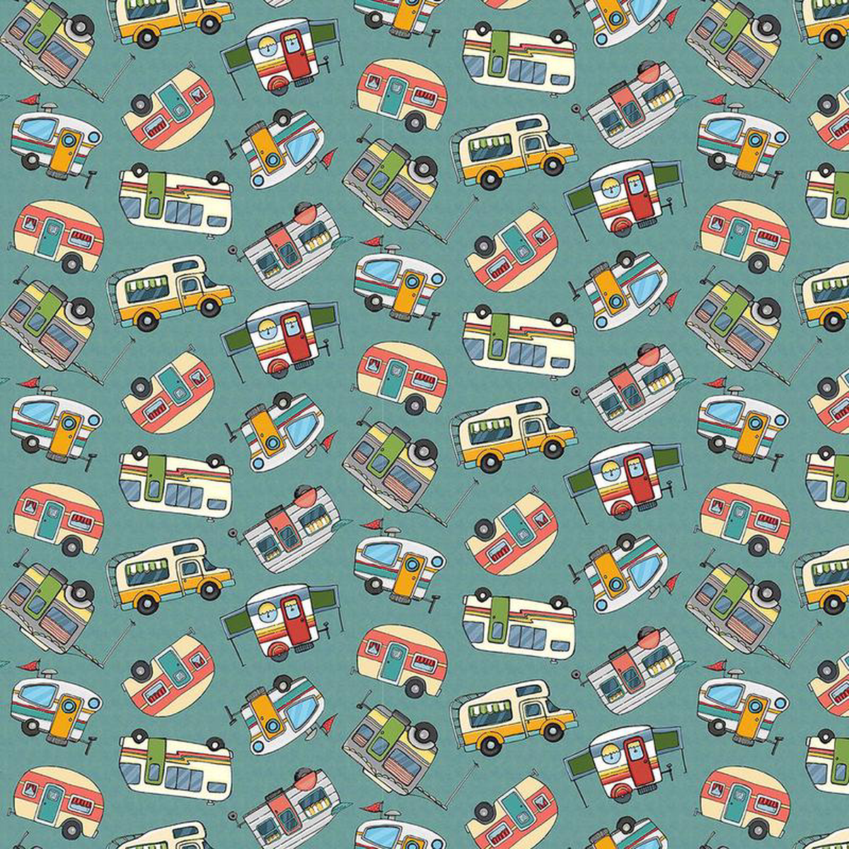 Adventure Awaits Campers Tossed Slate Gray Jackie Decker Blank Quilting Cotton Fabric