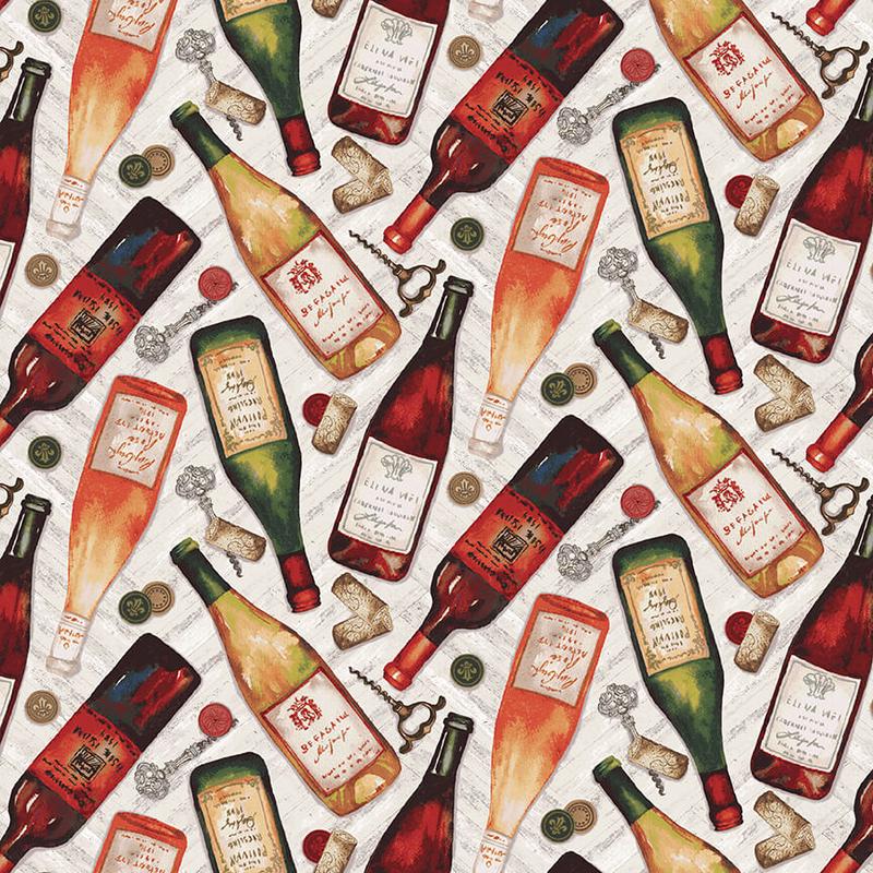 After Five Tossed Wine Bottles Multi Mary Beth Baker Henry Glass Cotton Fabric 1/2