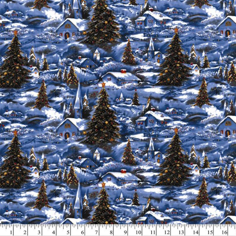 Winter Village Scenic Garden Glitter Snow Christmas Trees Church Steeple Cotton 1/2
