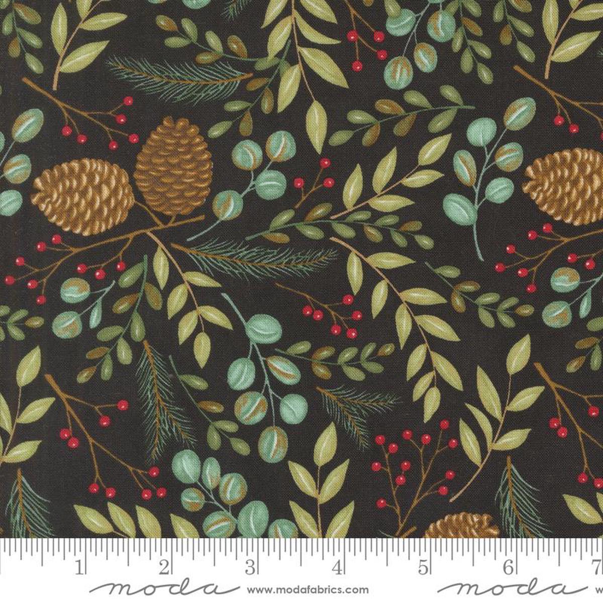 Winter Friends Woodland Greenery Leaves Pine Cones Charcoal Black Deb Strain Moda Cotton Fabric MD-56131-18 1/2