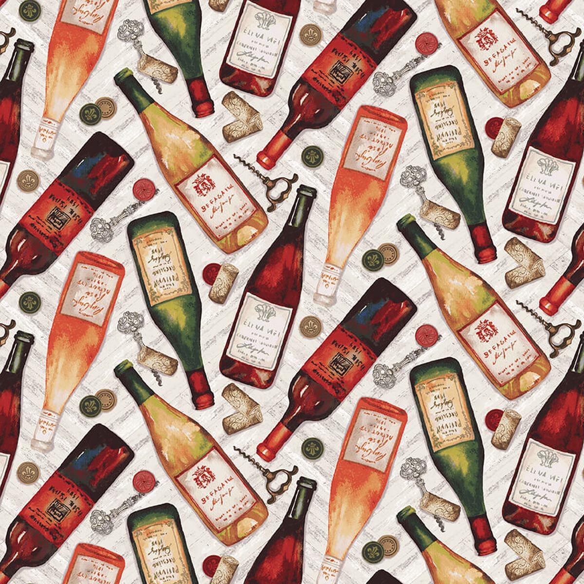 After Five Tossed Wine Bottles Multi Mary Beth Baker Henry Glass Cotton Fabric