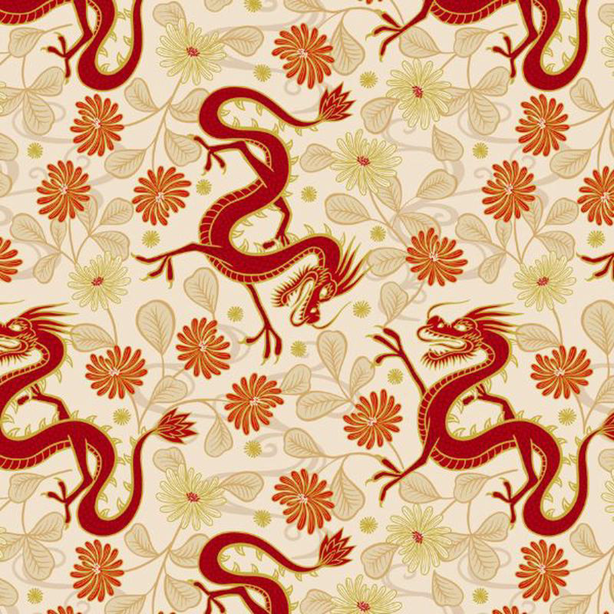 Year of the Dragon Dragons Cream Gold Metallic Lewis 038 Irene Cotton Fabric