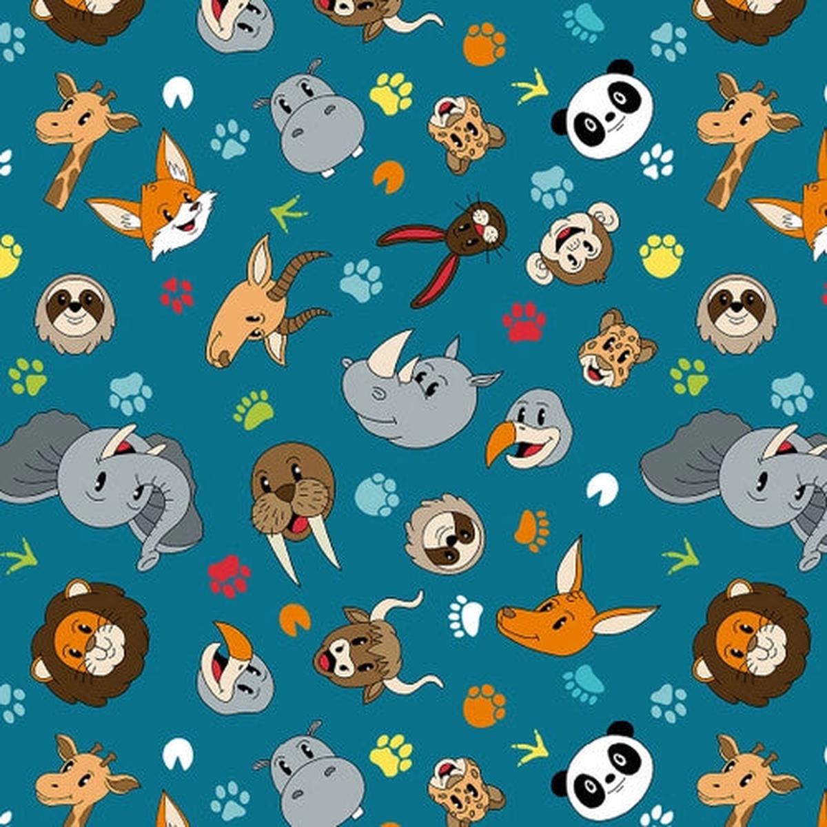 A to Zoo Tossed Animal Faces Teal Hannah of Pencil & Ink Studio Blank Quilting Cotton Fabric BQ-2654-67 1/2
