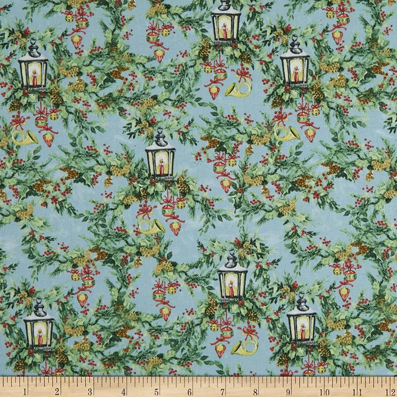 Winter Hollow Holiday Greenery Lights Blue Susan Winget Wilmington Prints Cotton Fabric WP-39746-447