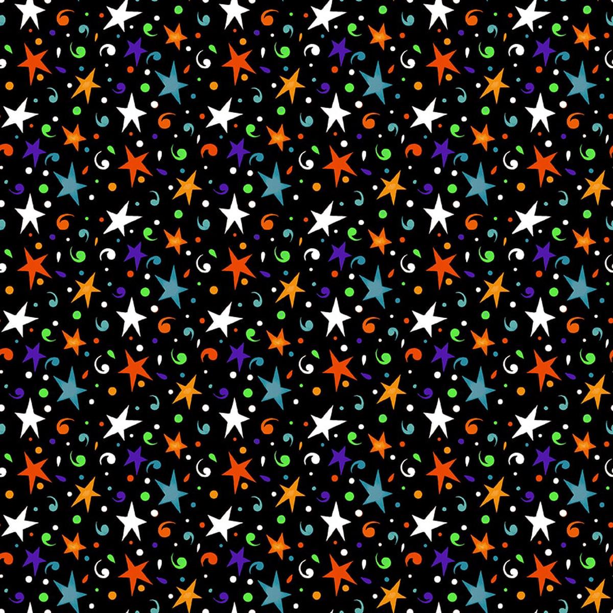 Witch Night Out Tossed Multicolored Stars Black Multi Glow Delphine Cubitt Henry Glass Cotton Fabric 1/2