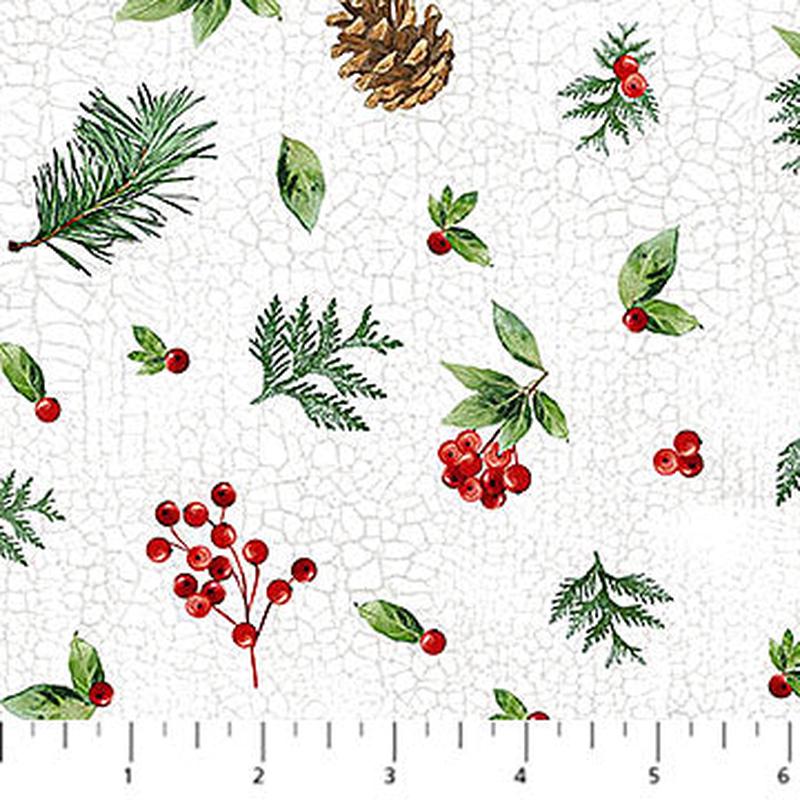 Winter Song Pine Cone Toss White Multi Deborah Edwards Northcott Cotton Fabric NC-27806-10 1/2
