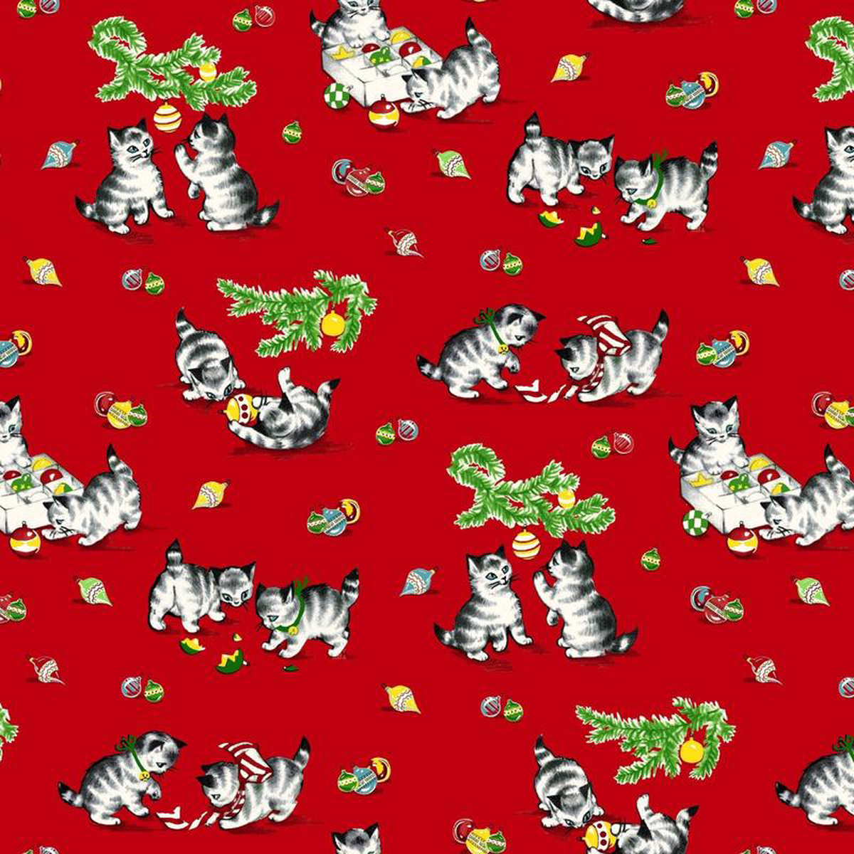 A Kitty for Christmas Kitties and Garland Red Hannah West Henry Glass Cotton Fabric HG-1984-88