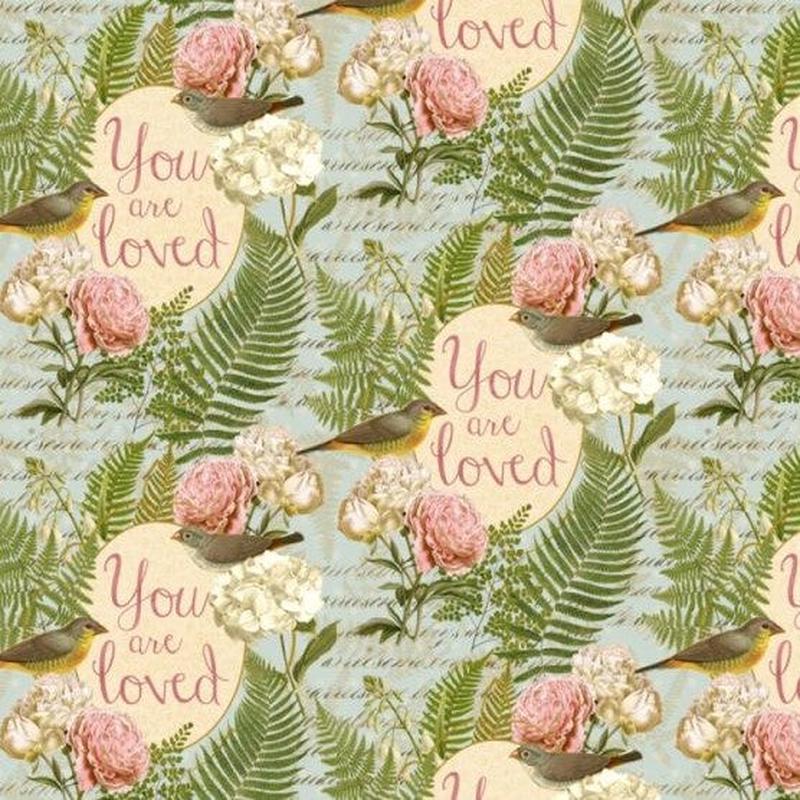 You are Loved Birds Floral Text Blue David Textiles Cotton Fabric DT-ML-3289-1C 1