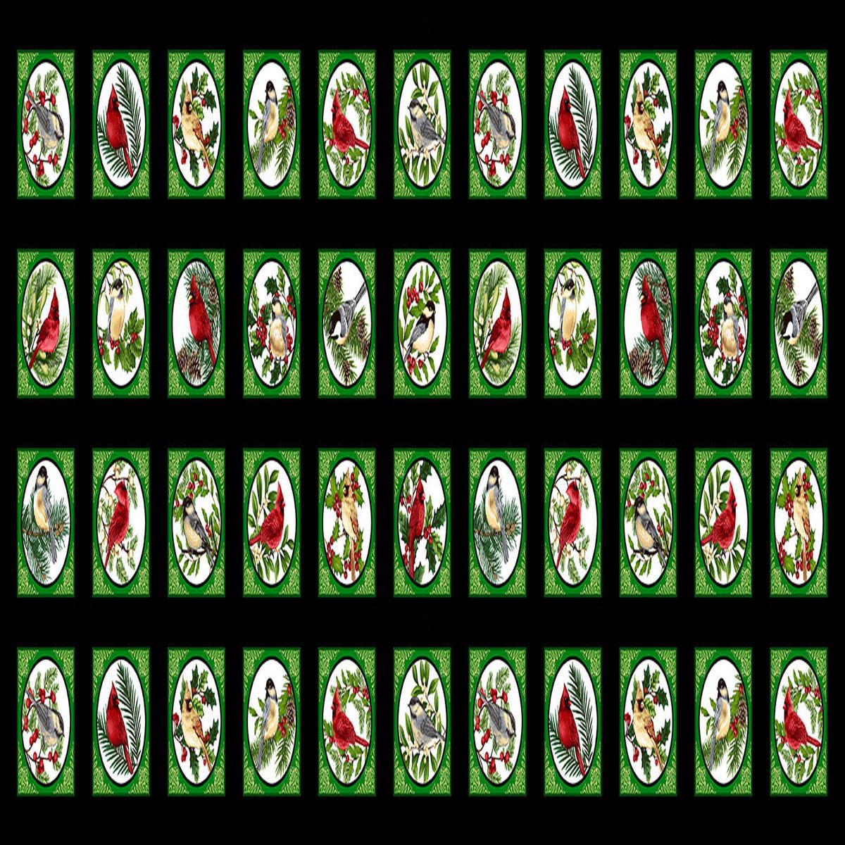 Winter Garden Panel 24" Cardinal Birds Mistletoe 3x3 stamps Black Color Principle Henry Glass Cotton Fabric