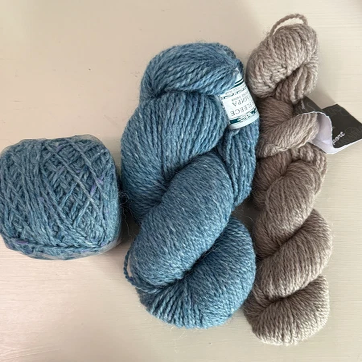 3 Hanks-Peace Fleece and Cascade Yarns-100% Wool-Color: Blue & Tan-2 ply Sport