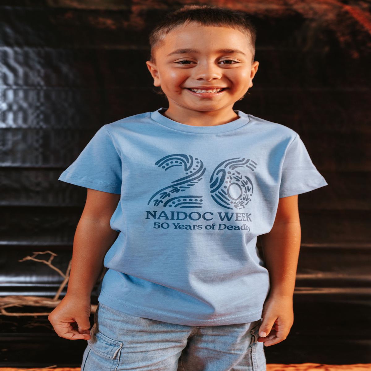 (Bulk) Standing Strong Mono Bold NAIDOC 2026 Carolina Blue Cotton Crew Neck Kids T-Shirt