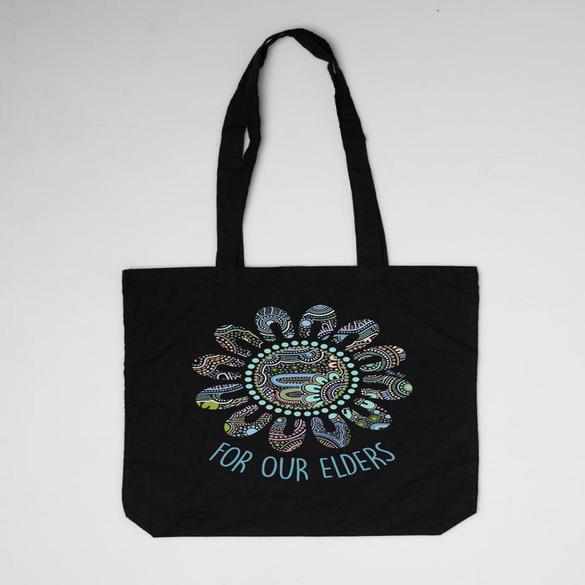 Connection Through Generations (Blue) Black Long Handle Cotton Tote Bag