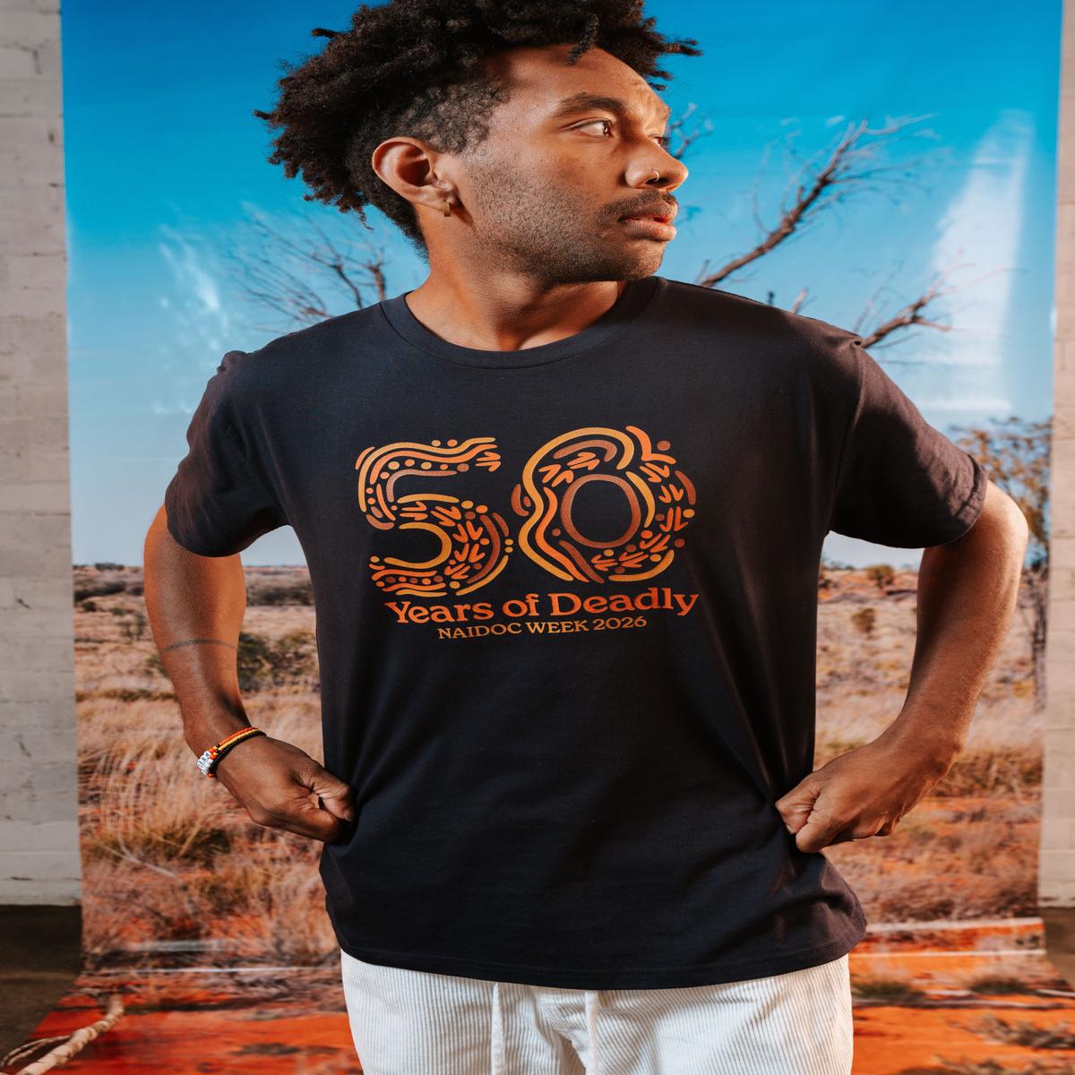 50 Years of Deadly NAIDOC Week 2026 Black Cotton Crew Neck Unisex T-Shirt
