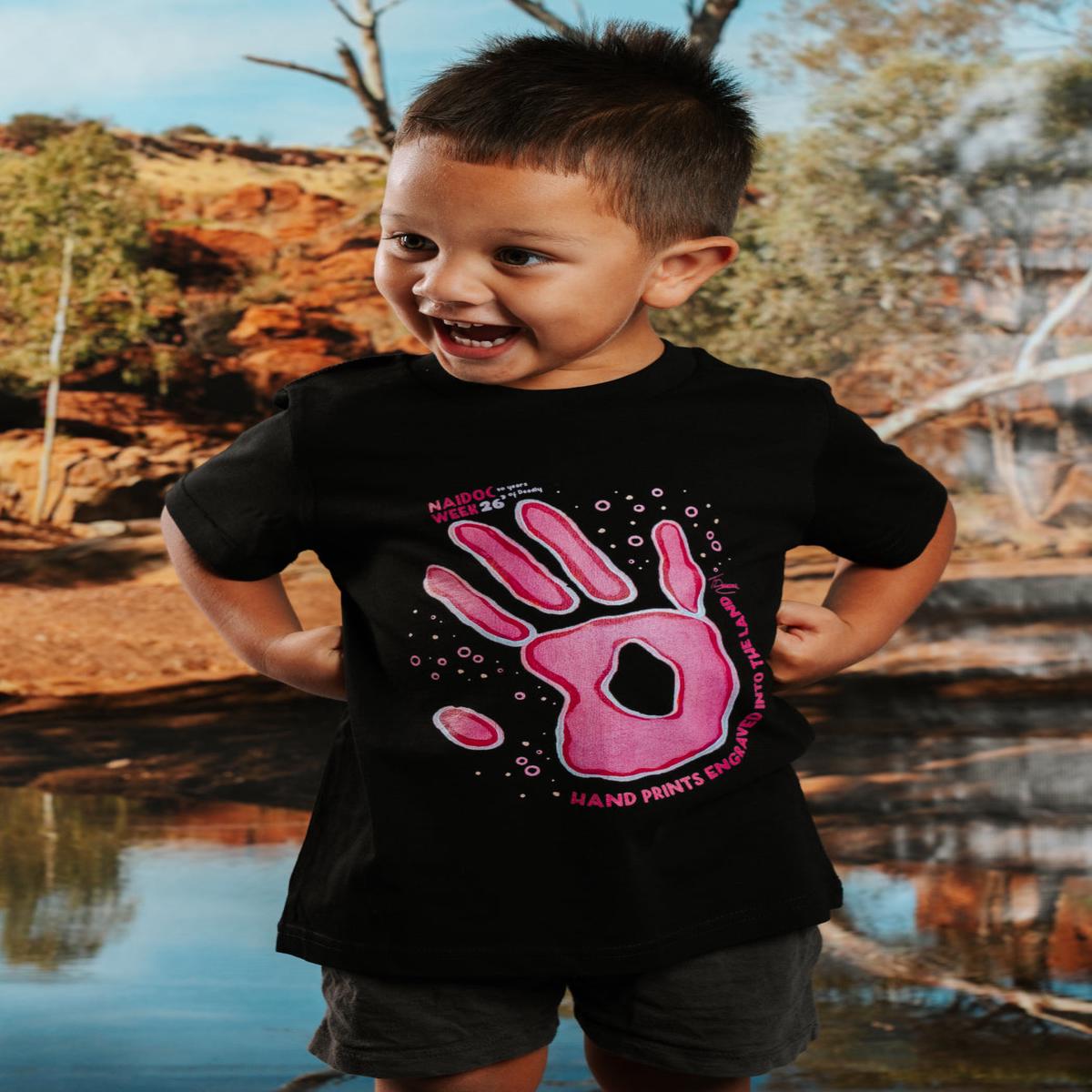Handprints Engraved NAIDOC Week 2026 Black Cotton Crew Neck Kids T-Shirt