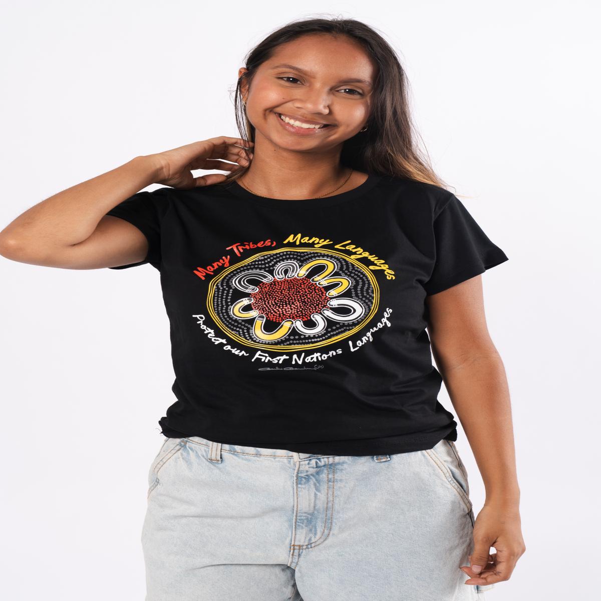 Many Tribes, Many Languages Black Cotton Crew Neck Womens T-Shirt