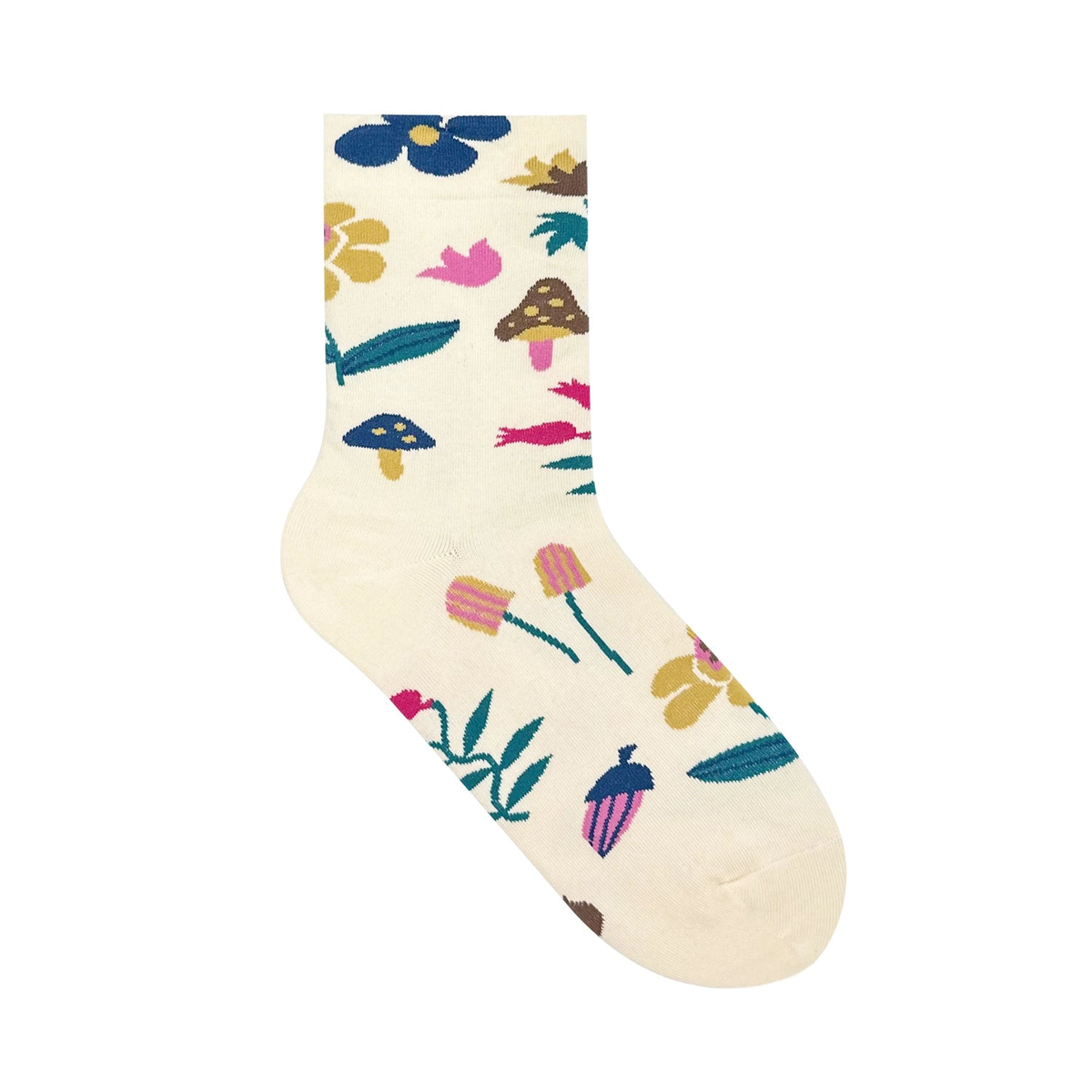 7DAYSSOCKS - Women's Crew Mushroom Fleur Flower Socks White