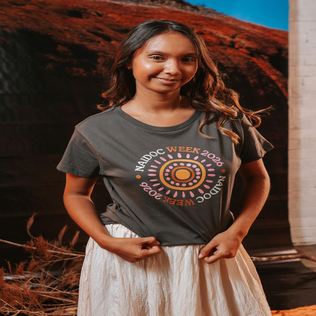 (Bulk) Circle NAIDOC Week 2026 Pink and Charcoal Cotton Crew Neck Women's T-Shirt