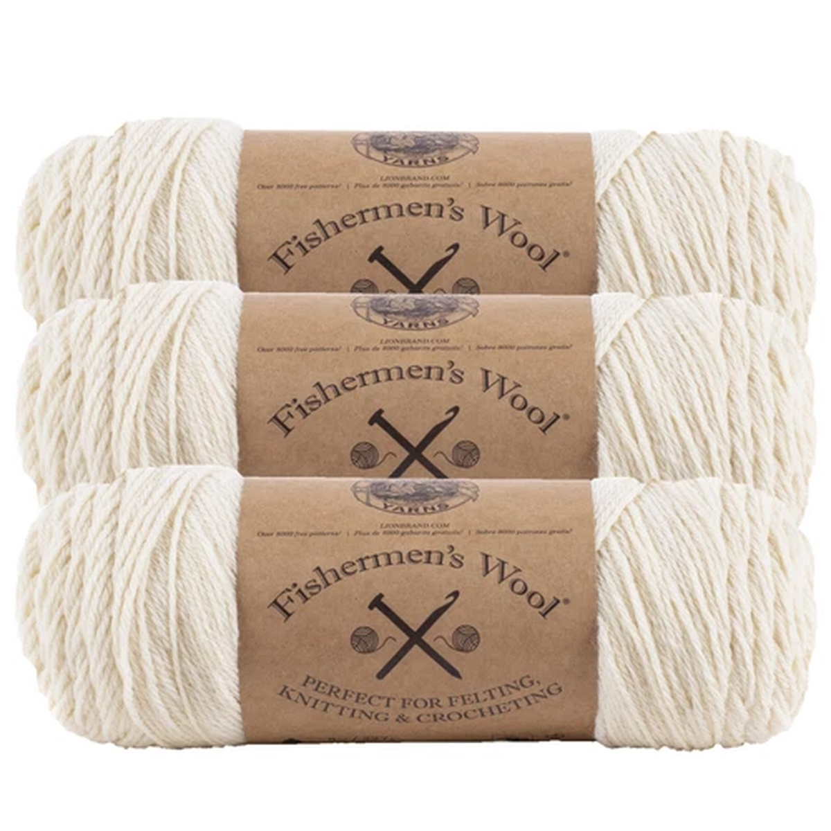 (3 Pack) Lion Brand Yarn 150-098F Fishermen's Wool Yarn, Natural