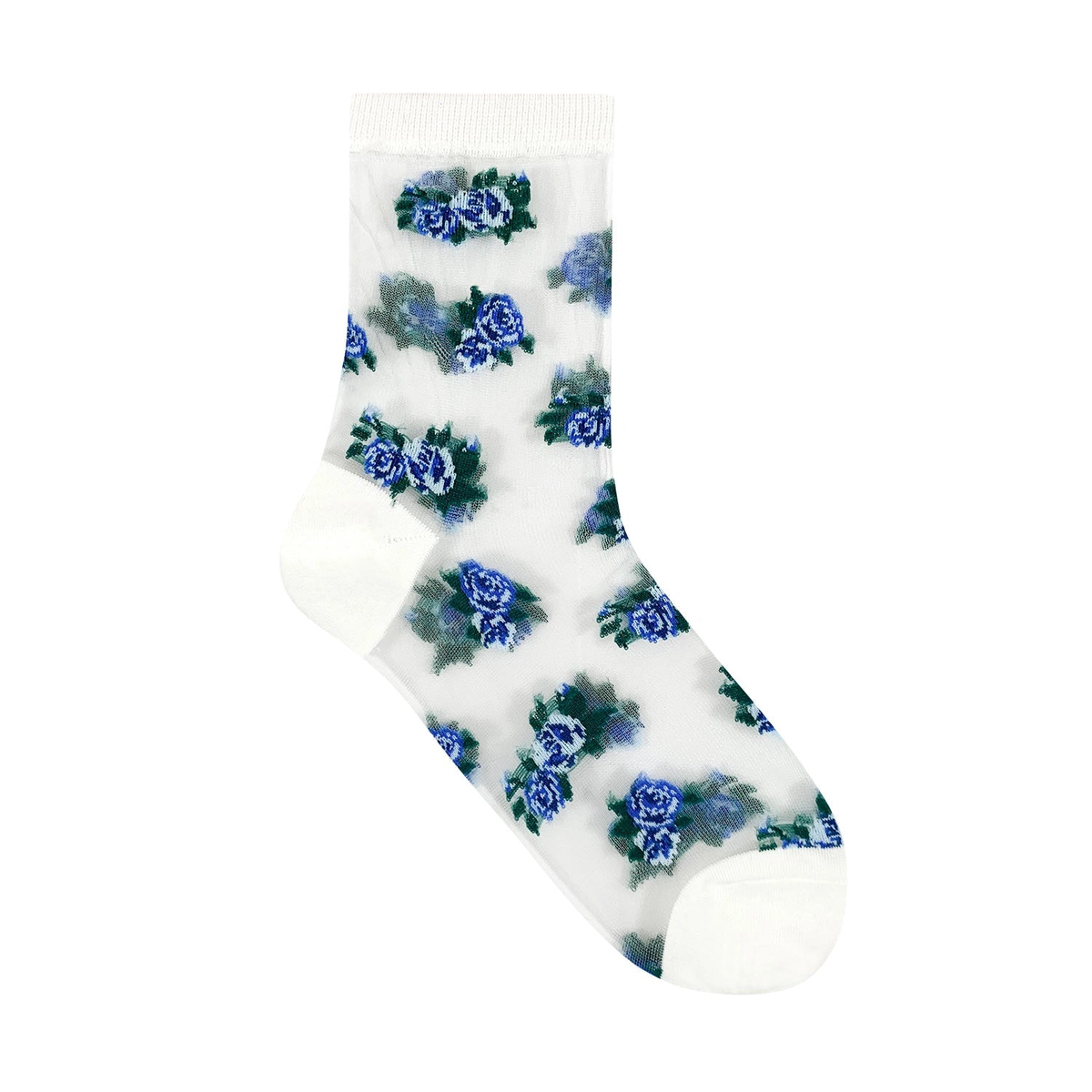 7DAYSSOCKS - Women's Crew Sheer Blue Floral See-Through Socks 7KC06-2