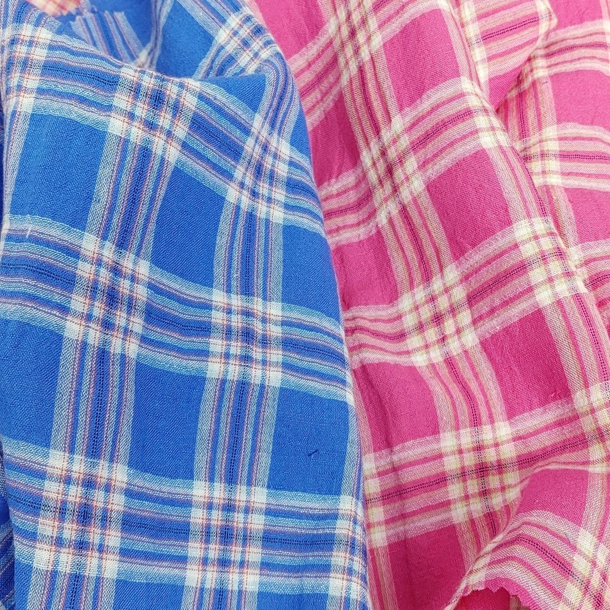 Wrinkled Plaid Fabric: Linen Cotton PU in Pink and Blue Dual Colorway 7269 7270
