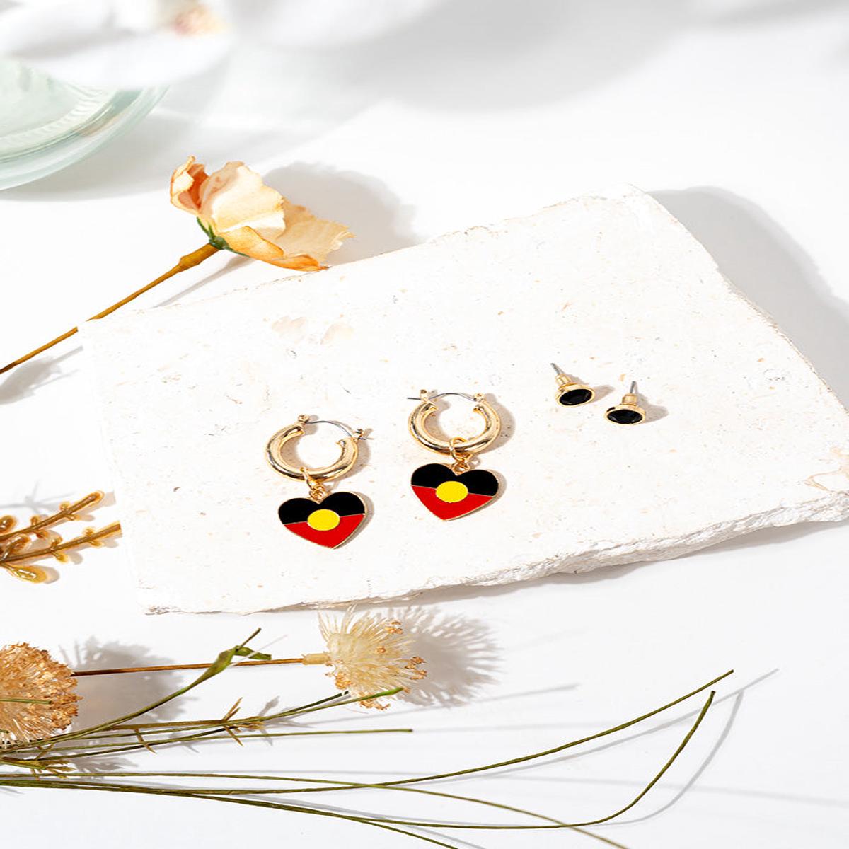 "Raise The Flag" Aboriginal Flag Heart Large Hoop Earring & Stud Pack