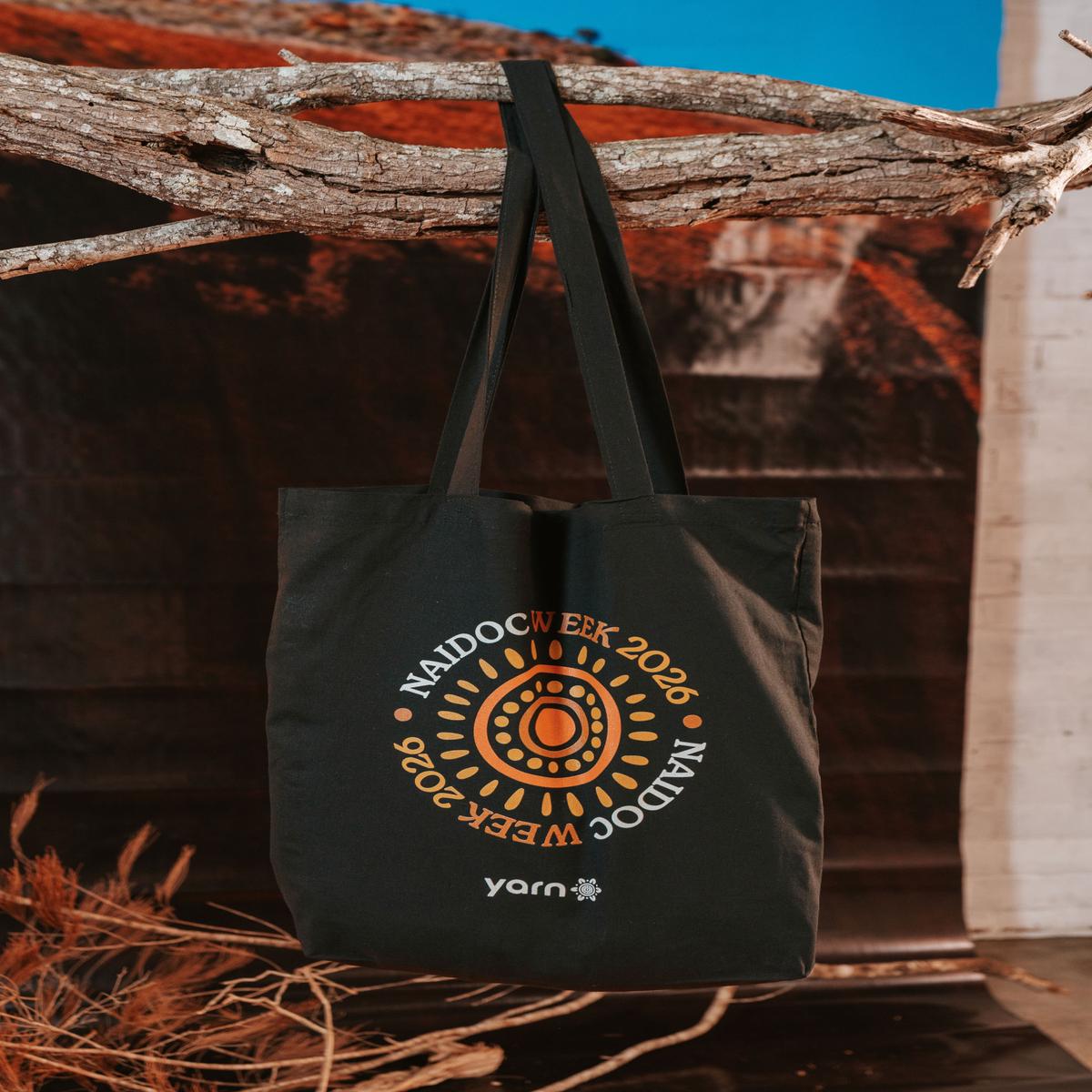 (Bulk) Circle NAIDOC Week 2026 Black Long Handle Cotton Tote Bag