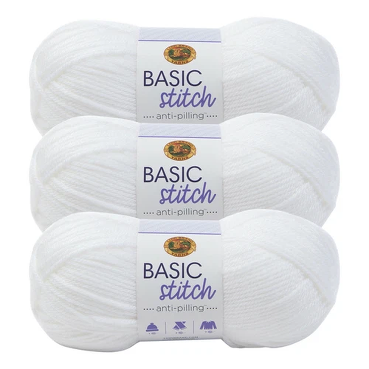 (3 Pack) Lion Brand Yarn 202-100 Basic Stitch Anti Pilling Yarn, White