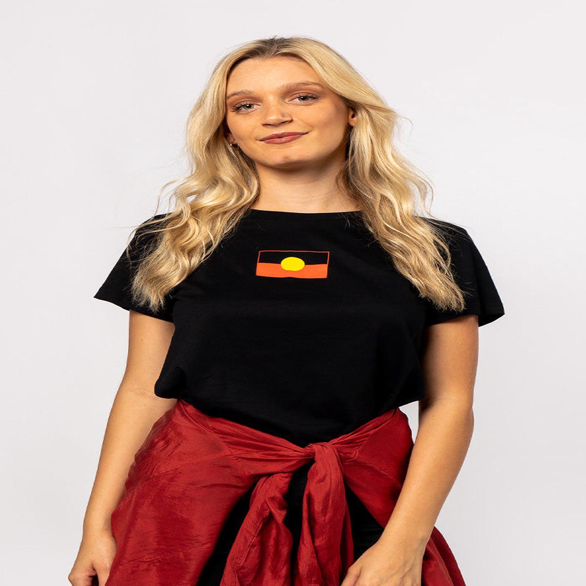 "Raise the Flag" Aboriginal Flag (Small) Black Cotton Crew Neck Women's T-Shirt
