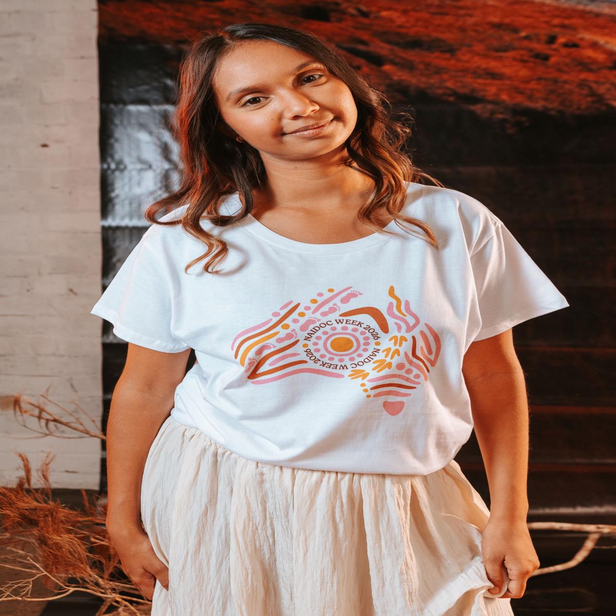 Australia NAIDOC Week 2026 Pink and White Cotton Crew Neck Women's T-Shirt