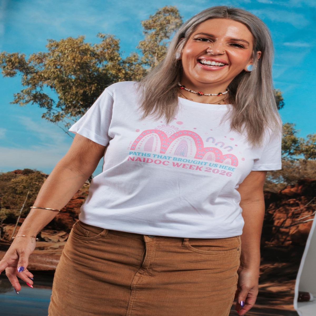 Paths That Brought Us Here NAIDOC Week 2026 White Cotton Crew Neck Women's T-Shirt