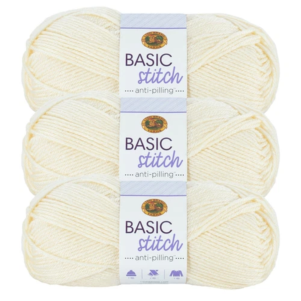 (3 Pack) Lion Brand Yarn 202-098C Basic Stitch Anti Pilling Yarn, Ecru