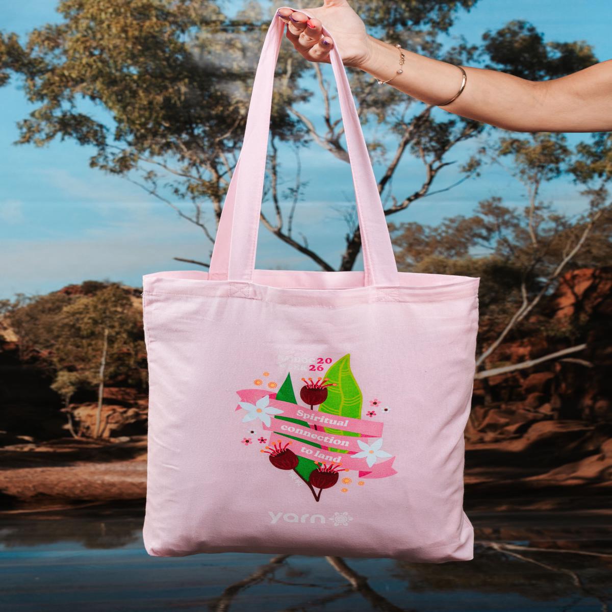 Spiritual Connection To Land NAIDOC Week 2026 Tote Bag Pink Long Handle Cotton Tote Bag