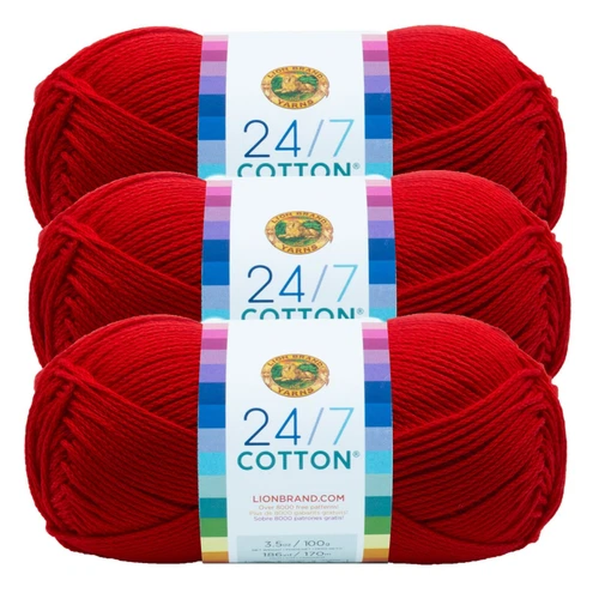 (3 Pack) Lion Brand Yarn 761-113B 24/7 Cotton Yarn, Red