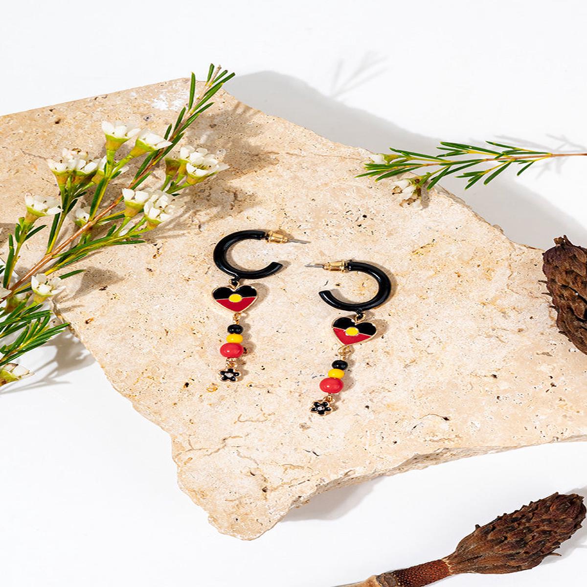 "Raise The Flag" Aboriginal Flag Heart Beaded Hoop Earrings