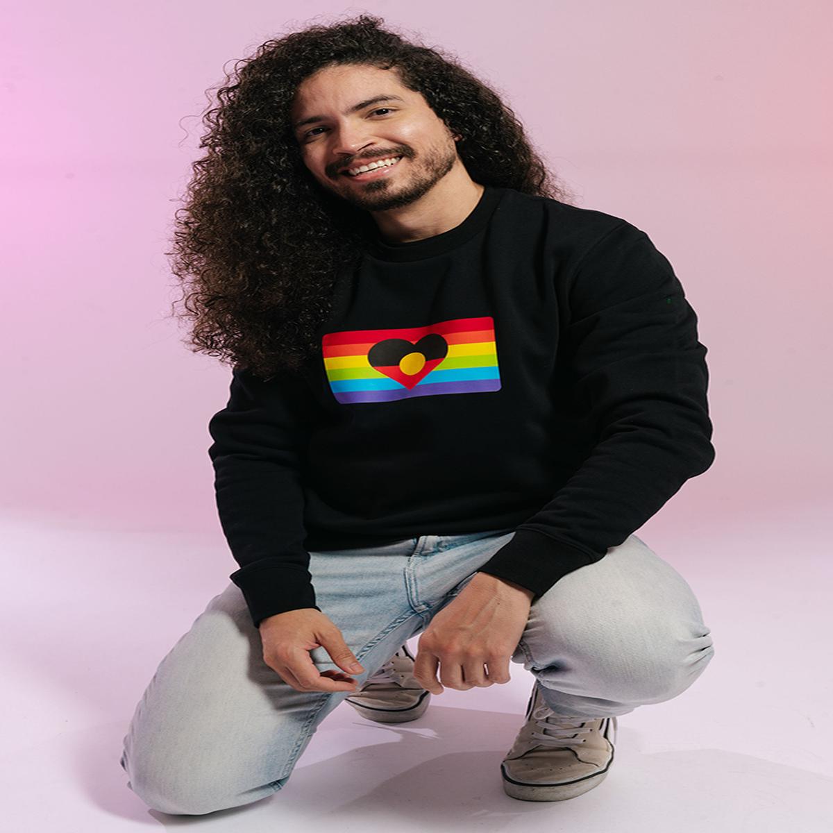 Pride Centre Flag Black Cotton Blend Crew Neck Unisex Sweatshirt - Pride Worn Proudly