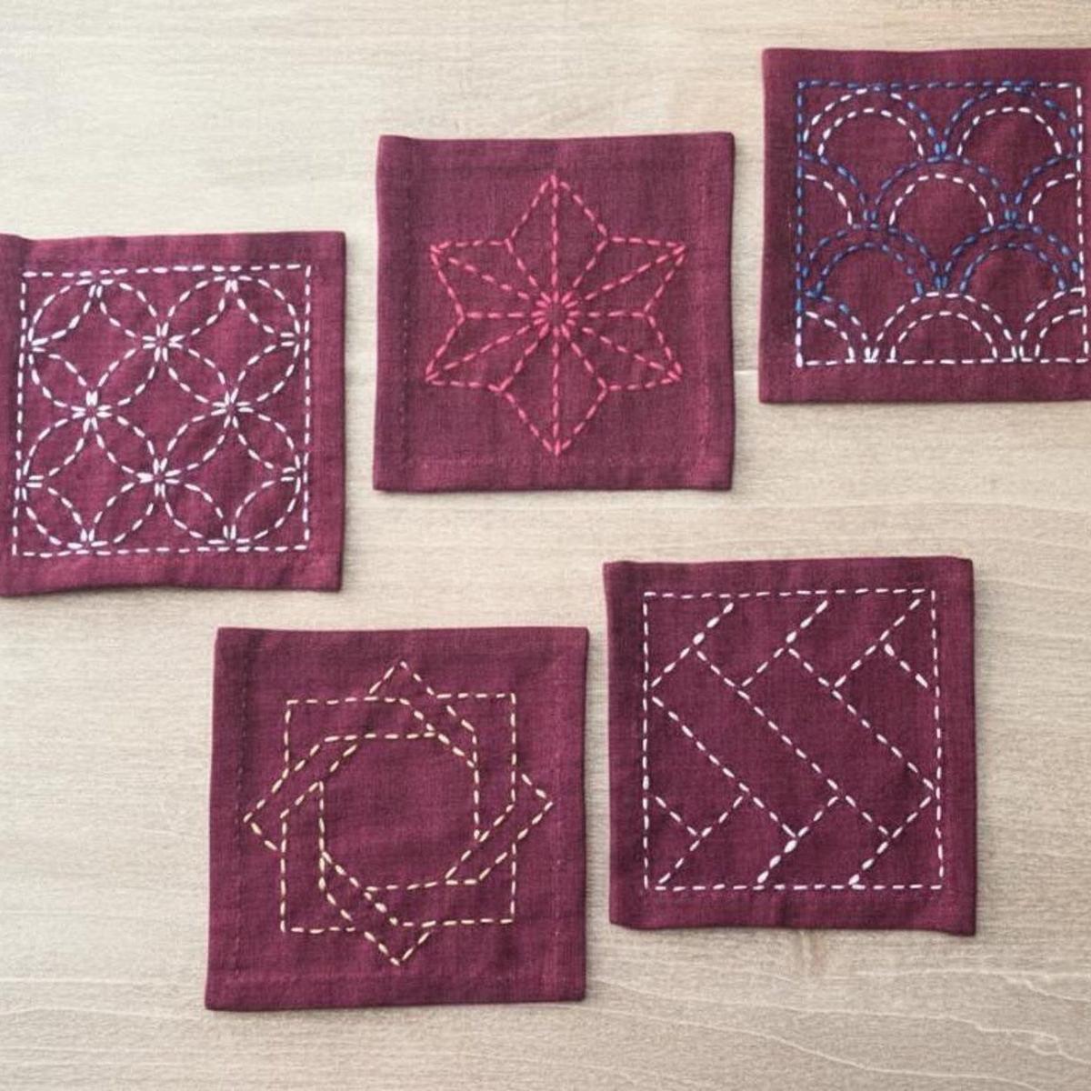 Sashiko Tsumugi Coaster Kit Burgundy