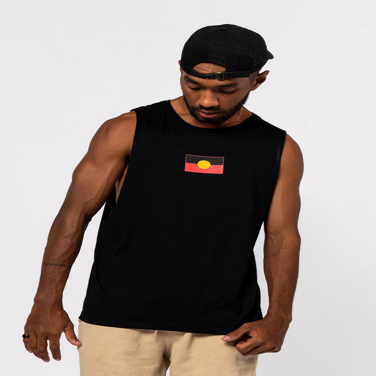 "Raise the Flag" Aboriginal Flag (Small) Black Cotton Unisex Muscle Tank Top