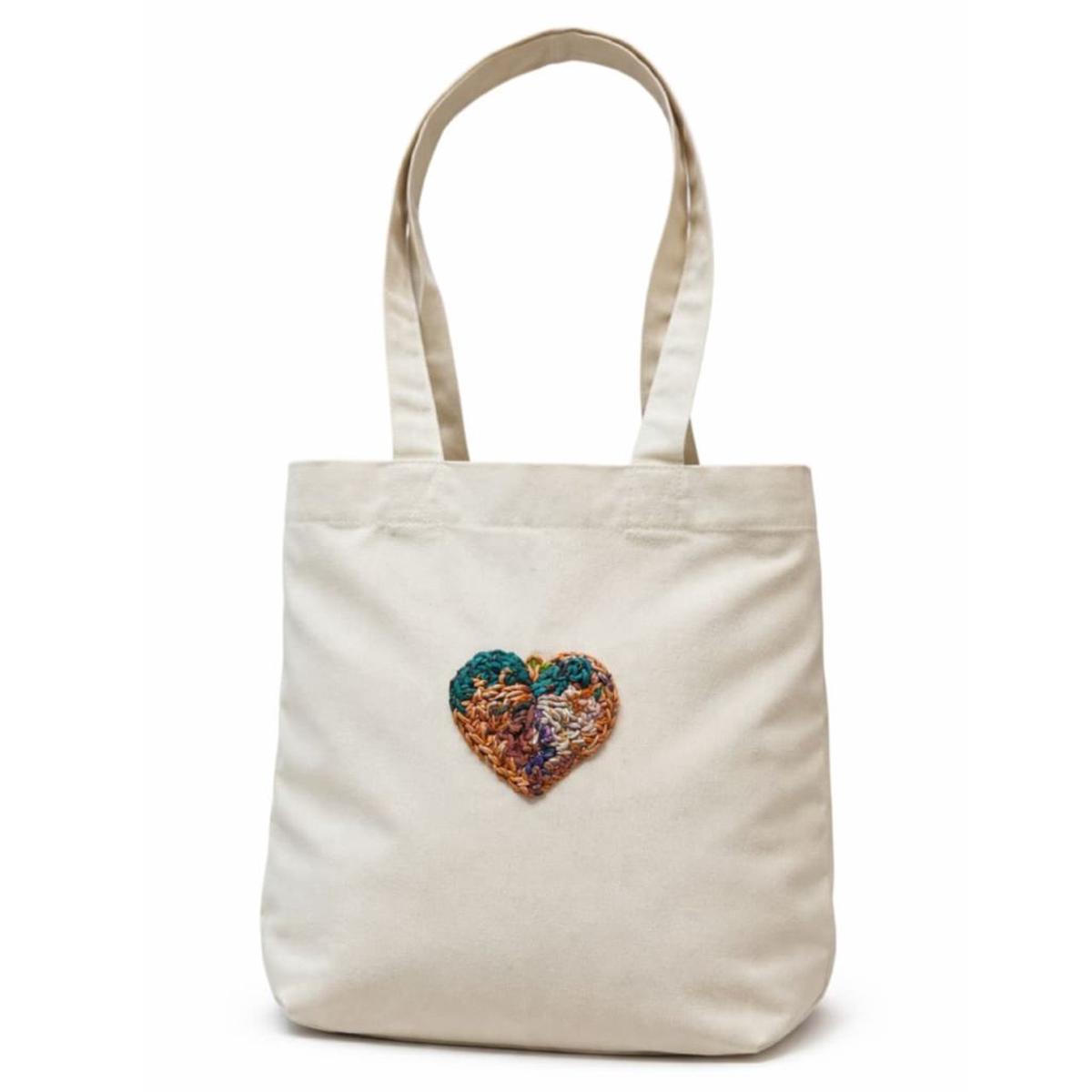 Premium Canvas Tote Bag with Rcycle Silk yarn  Crochet Heart  Patch  | Eco-Friendly Reusable Shopping & Office Bag