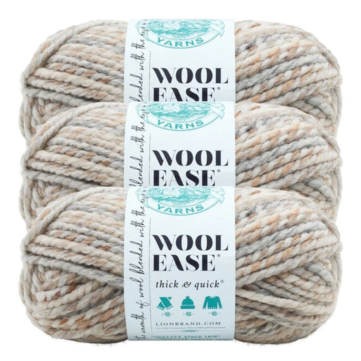 (3 Pack) Lion Brand Yarn 640-536A Wool-Ease Thick & Quick Bulky Yarn, Fossil