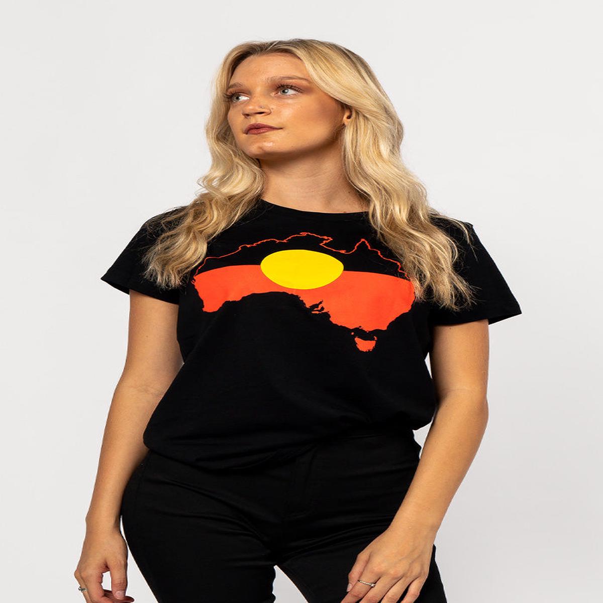 "Raise the Flag" Aboriginal Flag (Australia) Black Cotton Crew Neck Women's T-Shirt