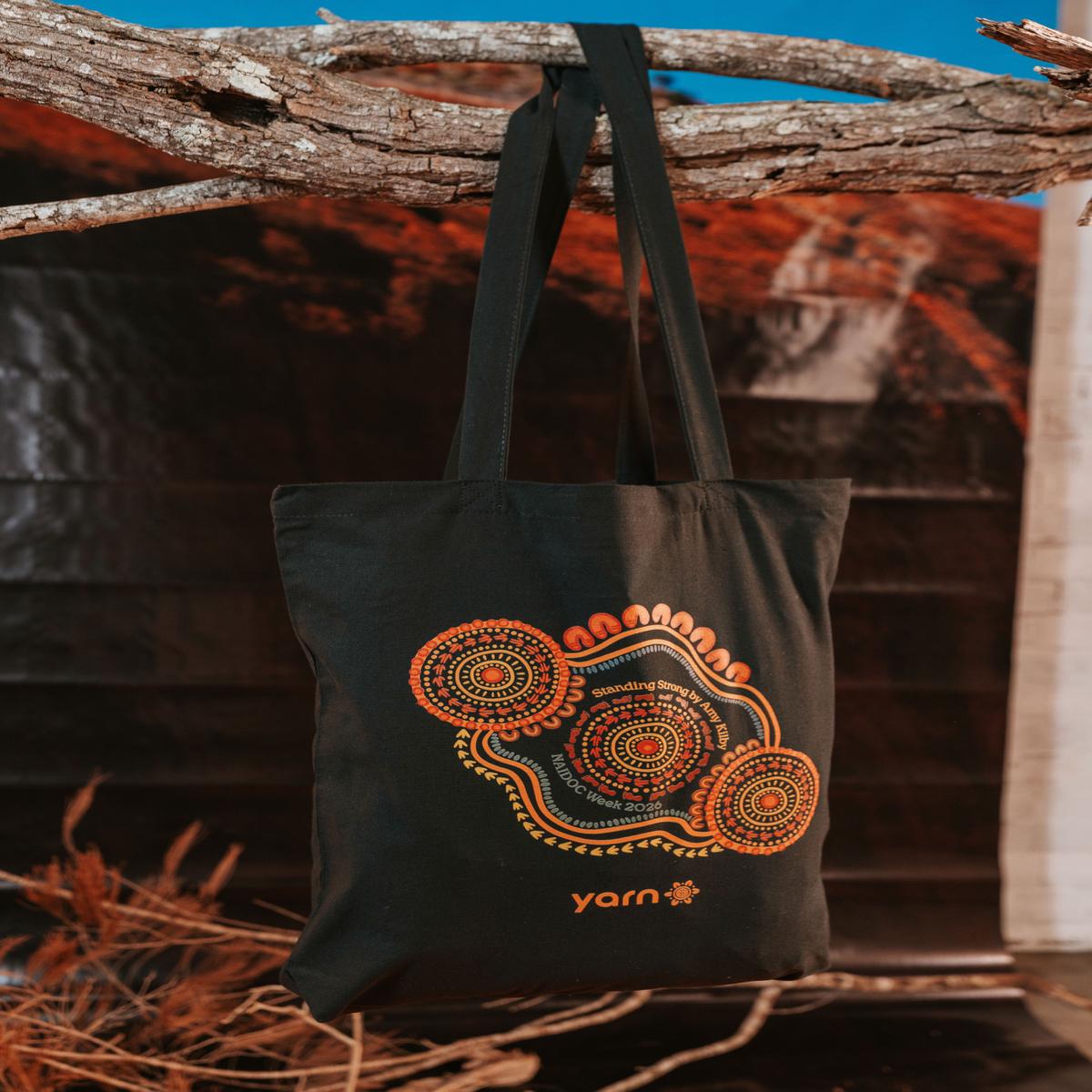 (Bulk) Standing Strong NAIDOC 2026 Black Long Handle Cotton Tote Bag