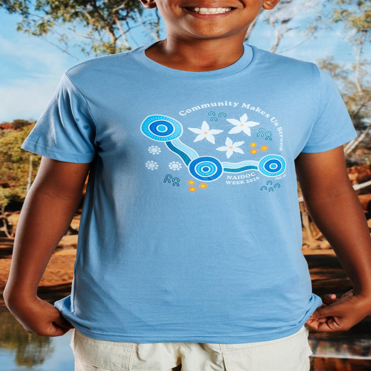 Community Makes Us Strong NAIDOC Week 2026 Carolina Blue Cotton Crew Neck Kids T-Shirt