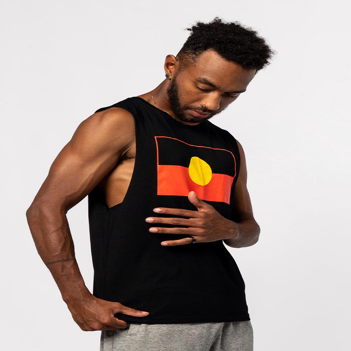 "Raise the Flag" Aboriginal Flag (Large) Black Cotton Unisex Muscle Tank Top