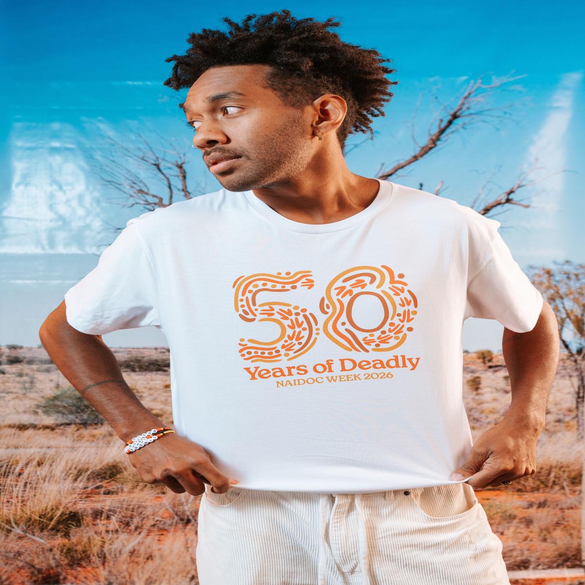 50 Years of Deadly NAIDOC Week 2026 White Cotton Crew Neck Unisex T-Shirt